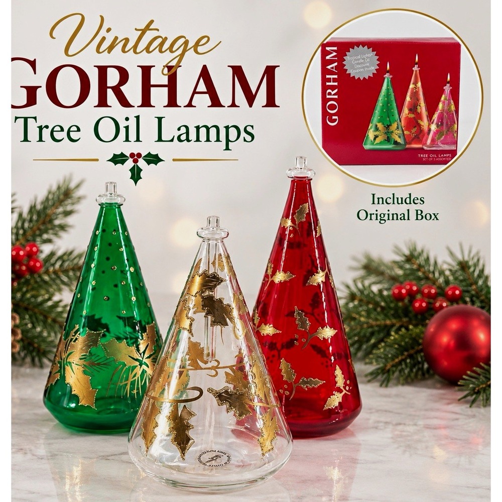 Gorham Tree Oil Lamps Set of 3 Hand Painted Glass Christmas w/ Box Vintage